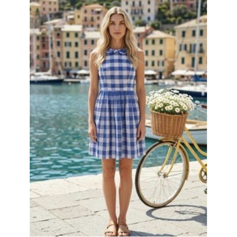 ModCloth Blue White Gingham Dress Peter Pan Collar Small Linen Cotton Pockets